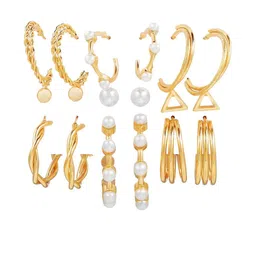 TheVineGirl Combo of 9 Pair Gold Plated Triangle Pearl Stud And Twisted Hoop Earrings image 5