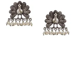 NAMAN ARTS Set Of 3 Silver-Plated Artificial Beaded Oxidised Peacock Shaped Drop Earrings image 2