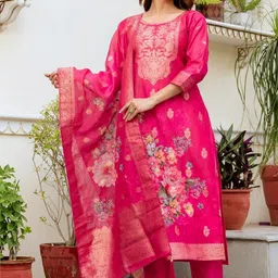 little heaven Women Ethnic Motifs Regular Chanderi Silk Kurta with Trousers & With Dupatta-picture-18