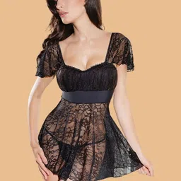 ZERJAMA Women Sweetheart Neck Flutter Sleeve Lace Waist Baby Doll-picture-27