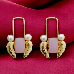 TISHUL JEWELS Gold-Plated Artificial Stones & Pearls Studded Geometric Drop Earrings-picture-30