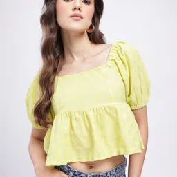 glitchez Geometric Self-Design Square Neck Puff Sleeves Crop Peplum Top-picture-42