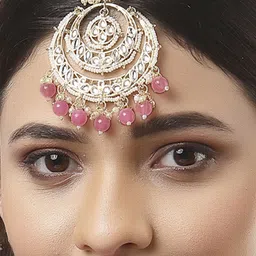 ZENEME Gold-Plated Artificial Stones and Beads Studded Maang Tikka Head Jewellery image 5