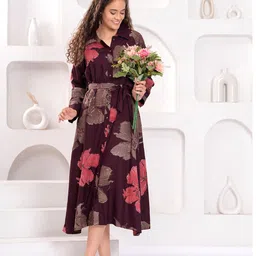 HIGHLIGHT FASHION EXPORT Floral Print Cuffed Sleeve Belted Shirt Midi Dress-image-75