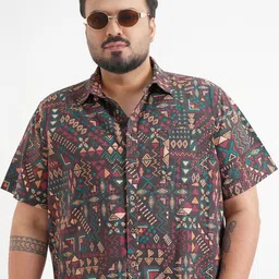 HIGHLANDER Plus Size Geometric Printed Spread Collar Cotton Shirt-image-27
