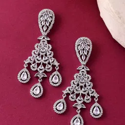 Silvermerc Designs Silver-Plated American Diamond Studded Teardrop Shaped Drop Earrings-picture-29