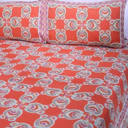 SHAHENAZ Orange Floral 120 TC King Bedsheet with 2 Pillow Covers-picture-39