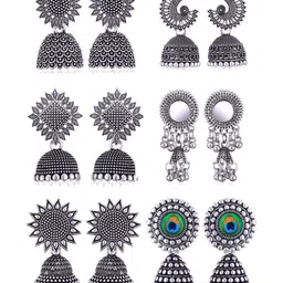 MEENAZ Set Of 6 Silver-Plated Dome Shaped Oxidized Jhumkas Earrings-image-32