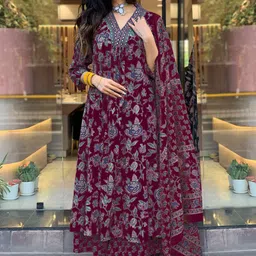 GoSriKi Floral Printed Mirror Work V-Neck Anarkali Kurta With Palazzos & Dupatta image 5