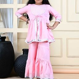 Megha Overseas Girls Printed Regular Gotta Patti Kurta with Sharara-image-12