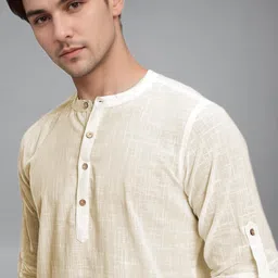 KNOWTED Mandarin Collar Roll-Up Sleeves Cotton Straight Short Kurta image 4