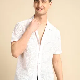 Voroxy Men Smart Cuban Collar Textured Polycotton Casual Shirt-image-56