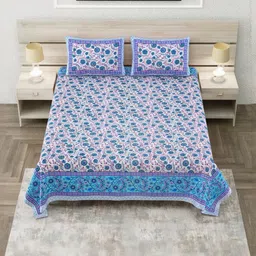 SP DESIGNS Blue & Pink Floral Pure Cotton 240 TC Super King Bedsheet Set-2.74 m X 2.74 m-picture-21