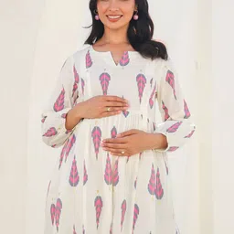 Janasya Women's Off White Pure Cotton Ikkat Printed A-line Maternity Tunic-picture-21