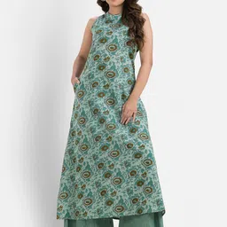 Crazy Needle Printed Sleeveless Pure Cotton A-Line Kurta With Palazzos image 2