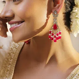 Rubans 22K Gold-Plated Kundan Studded Teardrop Shaped Chandelier Drop Earrings image 2