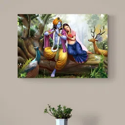 Tushaco Handicrafts Blue & Green Radha Krishna Religious Canvas Wall Art-image-73