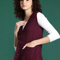 Cayman Self Design Geometric Sleeveless Woollen Cardigan image 2