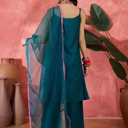 Sangria Women Embroidered Mirror Work Shoulder Straps With Trouser & Dupatta image 5