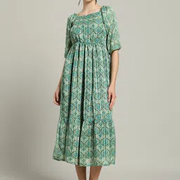 REBERRY Women Ethnic Motifs Printed Puff Sleeve Fit & Flare Midi Dress-image-14