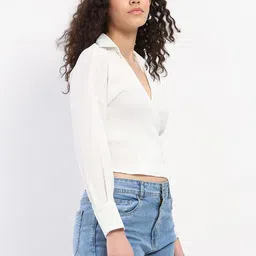 SZN Self Design Shirt Collar Cuffed Sleeves Wrap Crop Top image 3