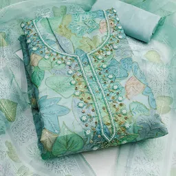 HERE&NOW Floral Printed Beads And Stones Organza Unstitched Dress Material-image-81