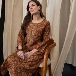 Anouk Floral Printed Mirror Work Chanderi Silk Straight Kurta-picture-33