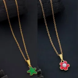 SZN Set Of 2 Gold-Plated Pearls Studded Heart Shaped Enamelled Pendants With Chains-picture-15