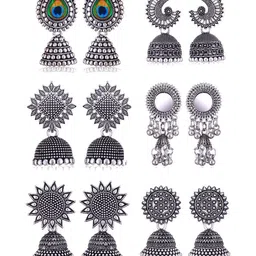 MEENAZ Set Of 6 Silver Plated Oxidised Dome Shaped Jhumkas-picture-20