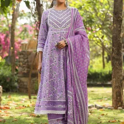 AARAAS Ethnic Motifs Printed Pure Cotton Anarkali Kurta with Palazzos And Dupatta-picture-29