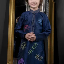 HOITY MOPPET Boys Printed Mandarin Collar Cotton Silk Kurta With Churidar image 4