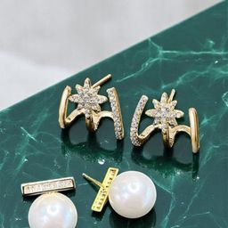 Krelin Set Of 2 Gold-Plated Artificial Stones Studded And Pearls Beaded Contemporary Studs-picture-12