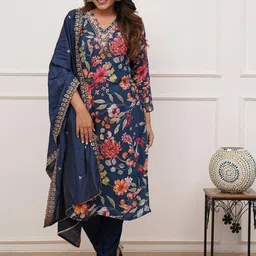 CHANDALIYO Women Floral Printed Silk Kurta with Trousers & Dupatta image 5