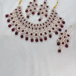 Gyaan Jewels Gold Plated Stones Studded & Beaded Necklace and Earrings With Maang Tika-picture-50