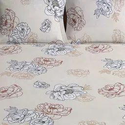 WEAVE AND DECOR Beige & White Floral Microfiber 300TC King Fitted Bedsheet Set-1.98mx1.98m image 3