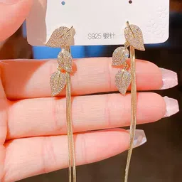 Celestria Gold-Plated Artificial Stones Studded Korean Leaf Shaped Drop Earrings-image-45