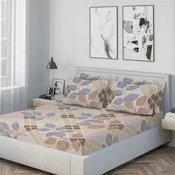 KLOTTHE Beige Geometric 300 TC Fitted Double Fine Bedsheet With Pillow Covers - 98 x 88 In-picture-13