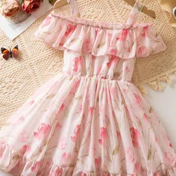 YK Girls Floral Print Square Neck Flutter Sleeves Fit & Flare Knee Length Dress-picture-19