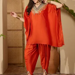 Youthnic Ethnic Motifs Yoke Design Mirror Work Cotton Silk Kaftan Kurta With Dhoti Pants-picture-14