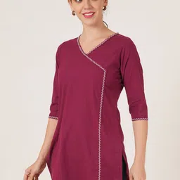 Brownverse Thread Work V-Neck Khadi Cotton Angrakha Design Kurta image 2