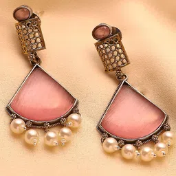 Biba Gold-Plated Stones Studded And Pearls Beaded Geometric Shaped Drop Earrings image 3
