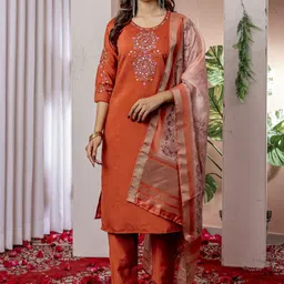 Peach Petals Women Embroidered Regular Thread Work Kurta with Trousers & With Dupatta-picture-22