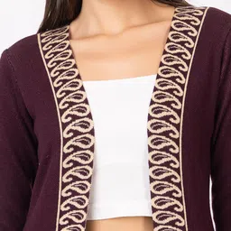 Anouk Mauve Ethnic Printed Longline Winter Open Front Shrug image 2