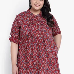 Indietoga Women Plus Size Abstract Printed Mandarin Collar Cotton Top-picture-42