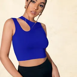 SSTAIR Women Ribbed Round Neck Cut Out Sleeveless Tank Crop Top-image-77