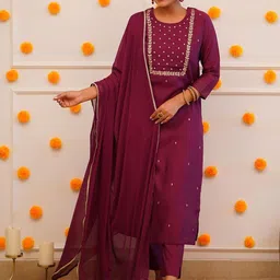RUNAYA NX Floral Embroidered Beads & Stones Straight Kurta With Trousers & Dupatta-image-12