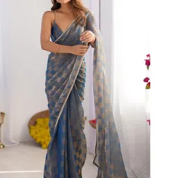 Kalista Checked Woven Design Beads and Stones Pure Chiffon Saree image 5