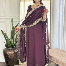 here&now Women Floral Embroidered A-Line Kurta with Trousers & Dupatta image 2