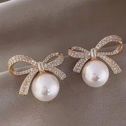 DressBerry Korean Gold-Plated Pearls Beaded Contemporary Drop Earrings image 4