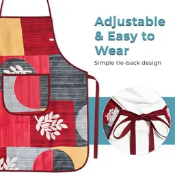 Kuber Industries Pack Of 3 Leaf Printed Red Cotton Apron for Kitchen with Front Pocket image 4